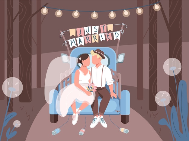 Just married couple in car flat color illustration