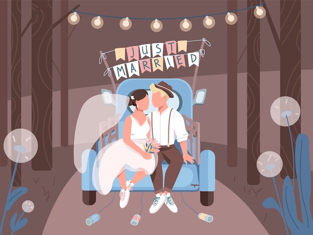 Vector just married couple in car flat color illustration