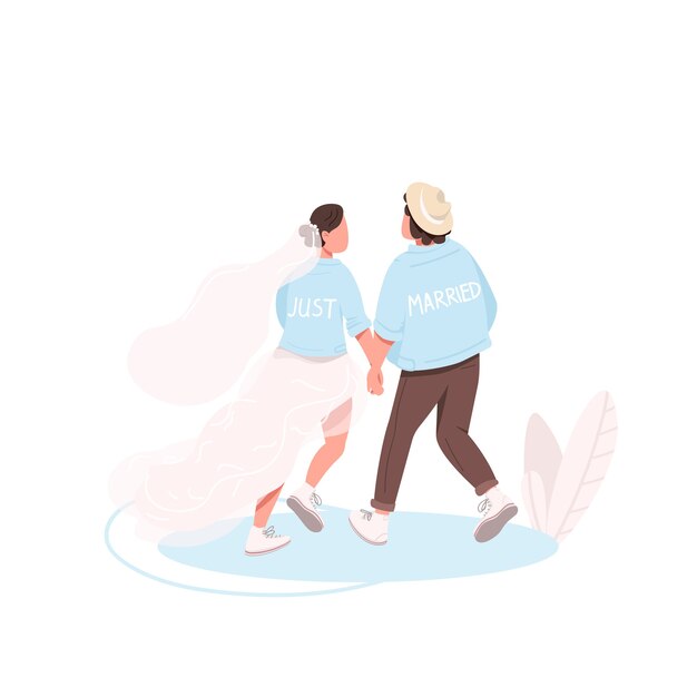 Just married couple flat color faceless characters. young wife and husband together. bride and groom holding hands isolated cartoon illustration for web graphic design and animation