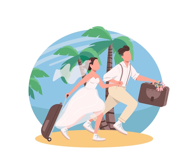 Vector just married couple honeymoon 2d web banner, poster. wife and husband with suitcases flat characters on cartoon background. newlyweds tropical vacation printable patch, colorful web element