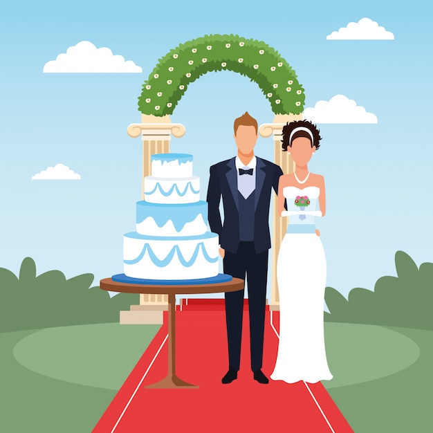 Just married couple standing with wedding cake and floral arch around, colorful design