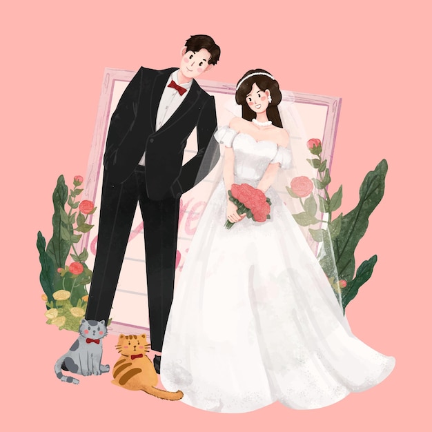 Vector just married couple taking photos hand drawn art