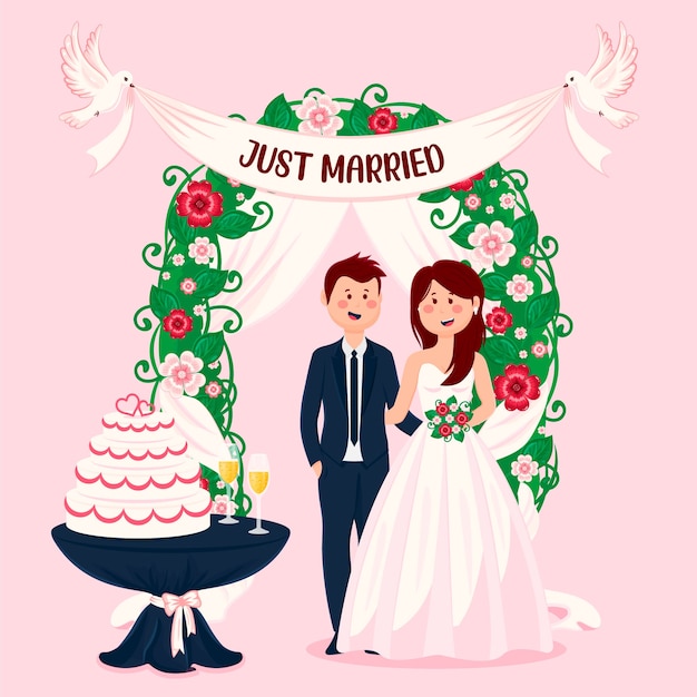 Vector just married couple with cake