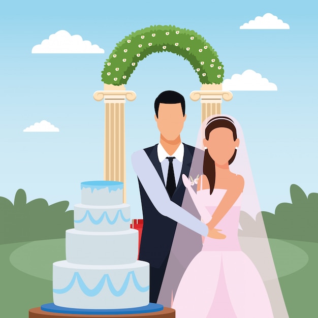 just married couple with wedding cake and floral arch around, colorful design