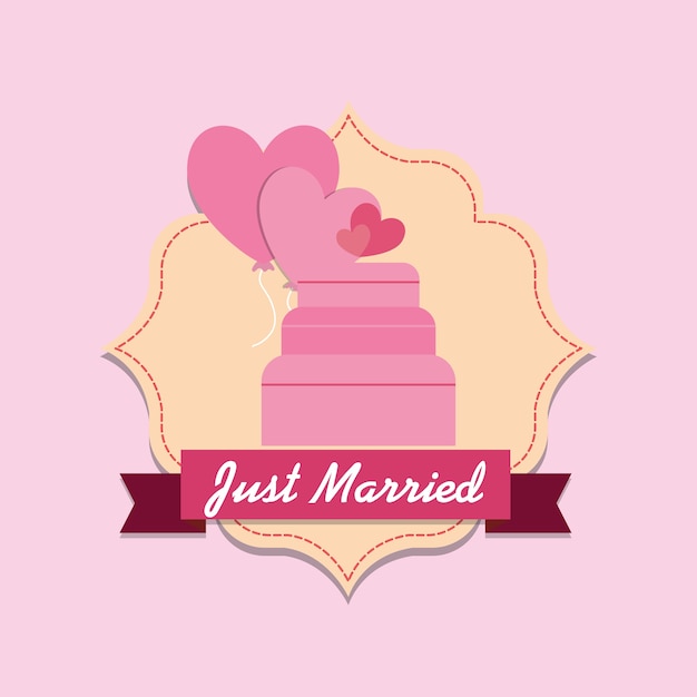 Vector just married design with decorative frame and wedding cake