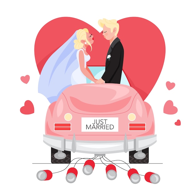 Vettore uomo e donna appena sposati in macchina. coppia che si bacia in macchina. carta di matrimonio. amanti che vanno in luna di miele. illustrazione