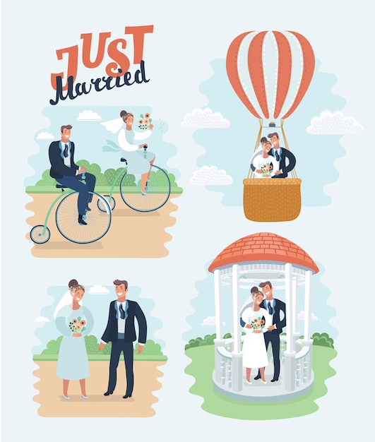 Vector just married  newlyweds bride and groom set happy couple celebrating marriage dancing kissing huggin...