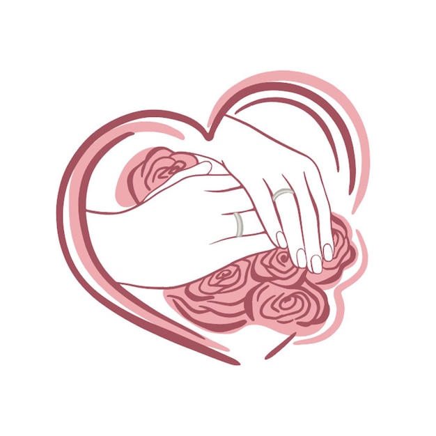 just married Newlyweds hands and wedding rings with a bouquet of roses Line art Bride