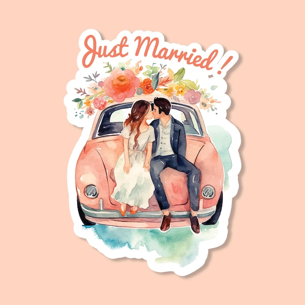 Vector just married sticker watercolor paint