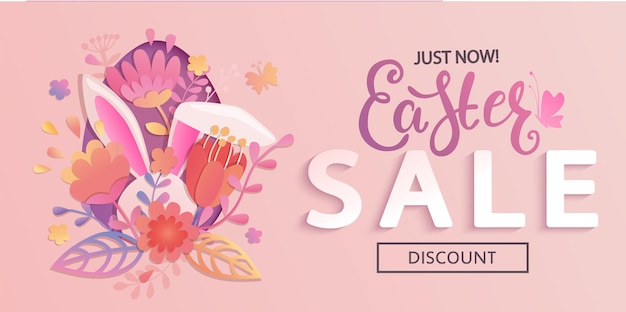 Just now easter sale flyer banner card with papercut egg beautiful flowers and rabbits ears