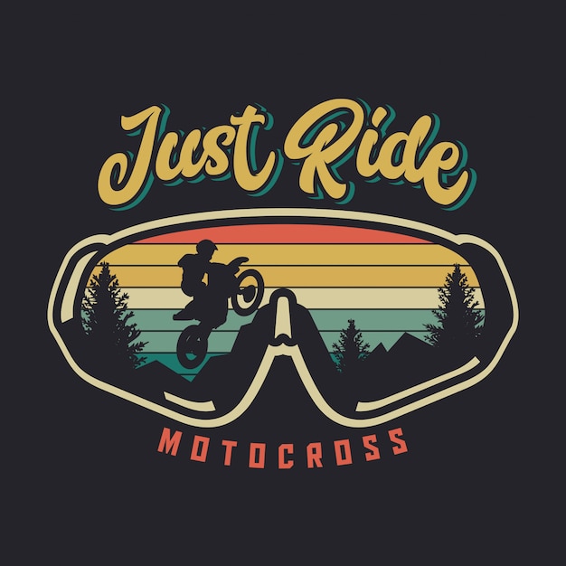 Just ride motocross with glasses and sunset vintage illustration