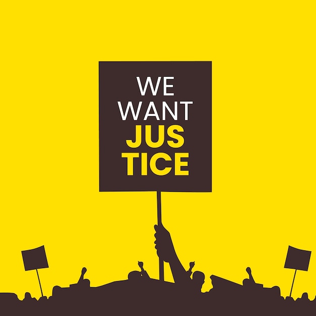 Justice banner poster template with justice hands placard festoon on yellow background