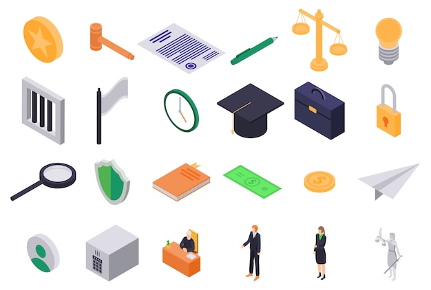 Justice icons set, isometric style