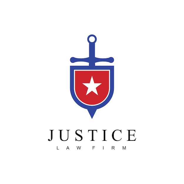 剣の盾と星のシンボルと正義の法律事務所のロゴ