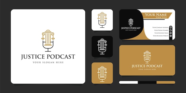 Vettore design del logo e biglietto da visita del podcast della giustizia