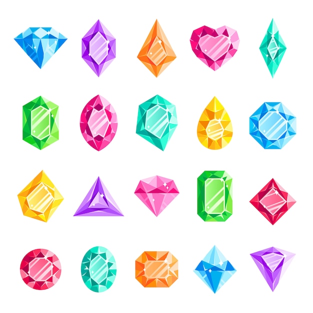 Vector juwelen edelstenen, sieraden diamant, juweel hart kristal juweel en diamanten edelsteen geïsoleerde set