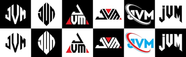 JVM letterlogo-ontwerp in zes stijlen JVM veelhoek cirkel driehoek zeshoek platte en eenvoudige stijl met zwart-witte kleurvariatie letterlogo in één tekengebied JVM minimalistisch en klassiek logo