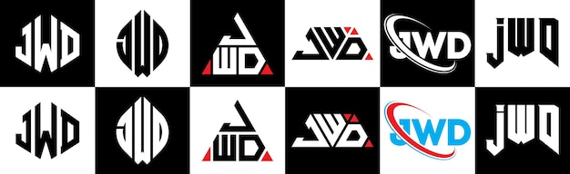 JWD letter logo design in six style JWD polygon circle triangle hexagon flat and simple style with black and white color variation letter logo set in one artboard JWD minimalist and classic logo