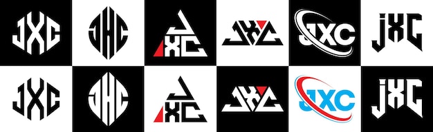 JXC letter logo design in six style JXC polygon circle triangle hexagon flat and simple style with black and white color variation letter logo set in one artboard JXC minimalist and classic logo