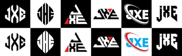 JXE letter logo design in six style JXE polygon circle triangle hexagon flat and simple style with black and white color variation letter logo set in one artboard JXE minimalist and classic logo