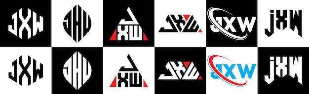 Дизайн логотипа буквы JXW в шести стилях. Многоугольник, круг, треугольник, шестиугольник JXW, плоский и простой стиль с черно-белым цветовым вариантом логотипа буквы, установленный в одном артборде Минималистский и классический логотип JXW.