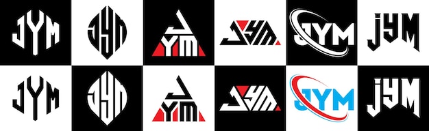 JYM letter logo design in six style JYM polygon circle triangle hexagon flat and simple style with black and white color variation letter logo set in one artboard JYM minimalist and classic logo