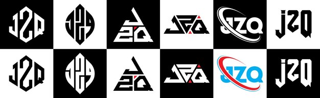 JZQ letterlogo-ontwerp in zes stijlen JZQ veelhoek cirkel driehoek zeshoek platte en eenvoudige stijl met zwart-witte kleurvariatie letterlogo in één tekengebied JZQ minimalistisch en klassiek logo