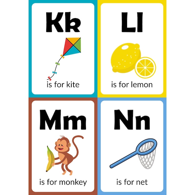 K for kite L for Lemon M for Monkey N for Net