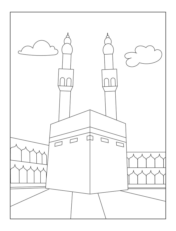 Vector kaaba islamic mosque outline vector design for coloring page for kids and adults
