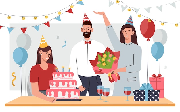 Kaars concept uitblazen Man en vrouw met kind staande in de buurt van geschenkdozen en taart Verjaardagsvakantie en festival Cadeaus en verrassingen Feest en evenement Cartoon platte vectorillustratie