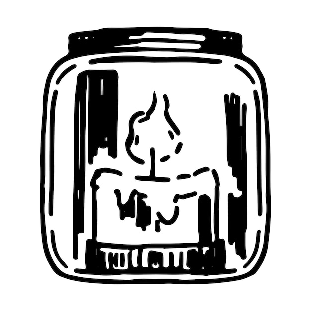 Kaars in glazen pot met brandend vlamlicht Doodle van gezellige wintertijd esthetiek Handgetekende vectorillustratie Single outline clip art geïsoleerd op wit