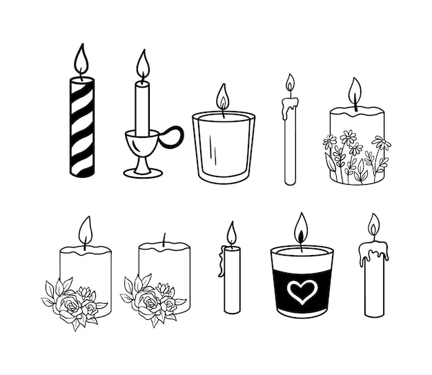 Kaars met bloemen hand getekende set Vector brandende kaarsen schets geïsoleerd op een witte achtergrond