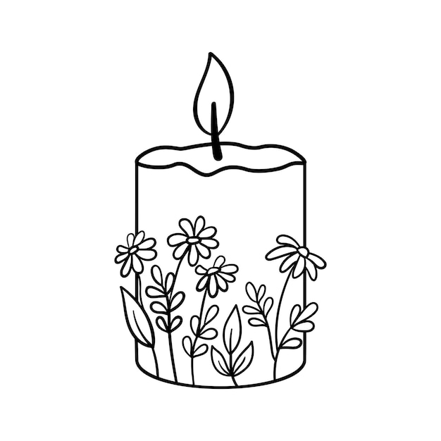 Kaars met bloemen hand getrokken Vector brandende kaars schets geïsoleerd op een witte achtergrond voor het kleuren van book