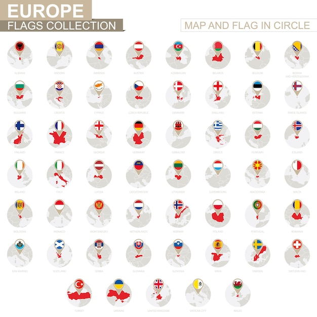 Kaart en vlag in cirkel, europa landen collectie. alfabetisch gesorteerde vlaggen en kaarten. vectorillustratie.