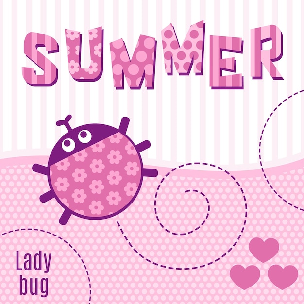 Kaart kruipend lieveheersbeestje roze dat zomer vectorillustratie, T-shirt design zegt.