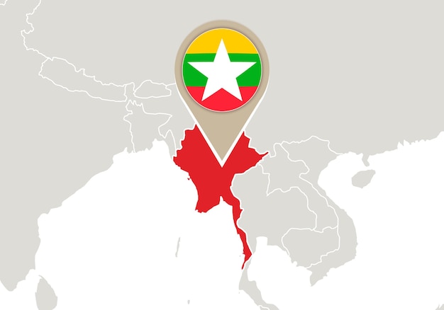 Kaart met gemarkeerde kaart en vlag van Myanmar