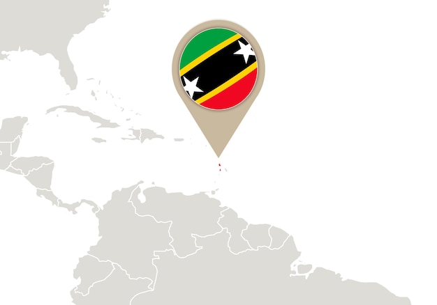 Kaart met gemarkeerde Saint Kitts en Nevis-kaart en vlag