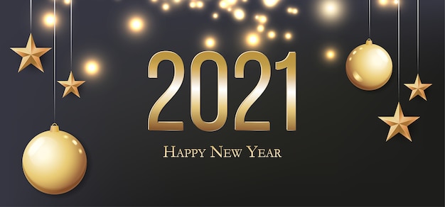 Kaart met groet 2021 Gelukkig Nieuwjaar. Illustratie met gouden kerstballen, licht, sterren en plaats voor tekst. Flyer, poster, uitnodiging of banner voor de viering van de New Year's Eve Party in 2021.