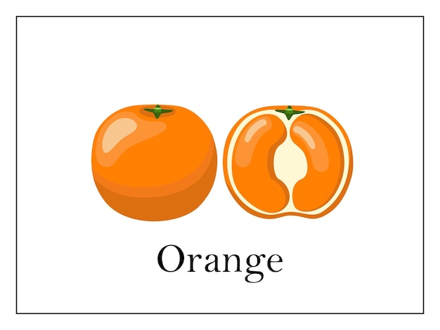 Kaart met ondertekende hele oranje en in de helft gesneden oranje op witte achtergrond in dunne kader