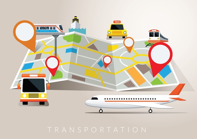 Kaart met vervoermiddel, vliegtuig, trein, boot, bus, reizen