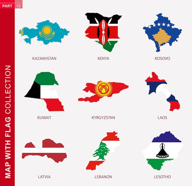 Kaart met vlag collectie, negen kaart contour met vlag van kazachstan, kenia, kosovo, koeweit, kirgizië, laos, letland, libanon, lesotho