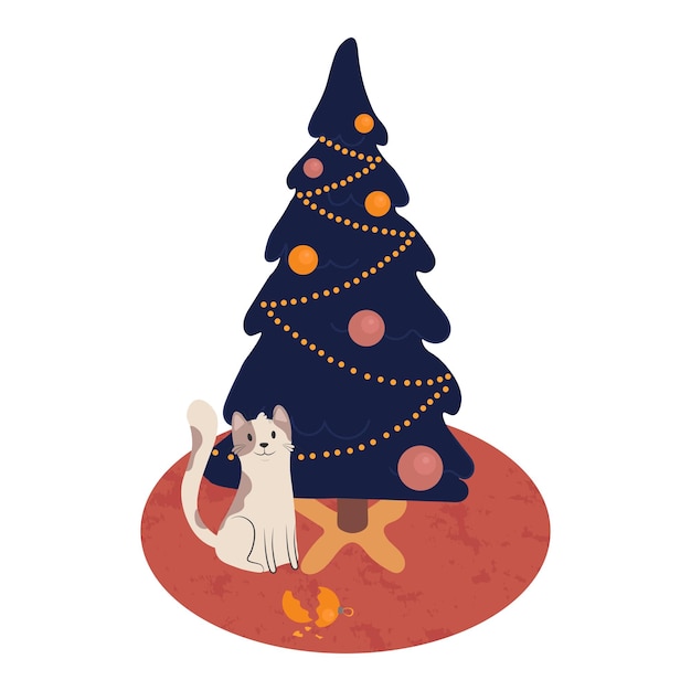 Kaart Nieuwjaar met grappige kat en kerstboom Kat speelt in de buurt van kerstboom met glazen bollen