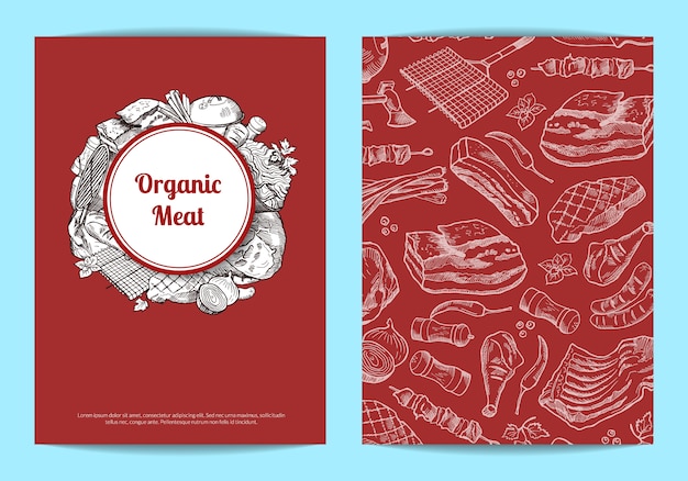 kaart of folder sjabloon met hand getrokken monochroom vlees elementen voor slagers winkel