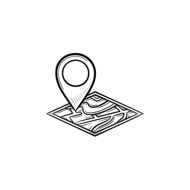 Kaart pin hand getrokken schets doodle pictogram. Adres- en kaartspeld, mobiele aanwijzer en locator, navigatieconcept. Schets vectorillustratie voor print, web, mobiel en infographics op witte achtergrond.