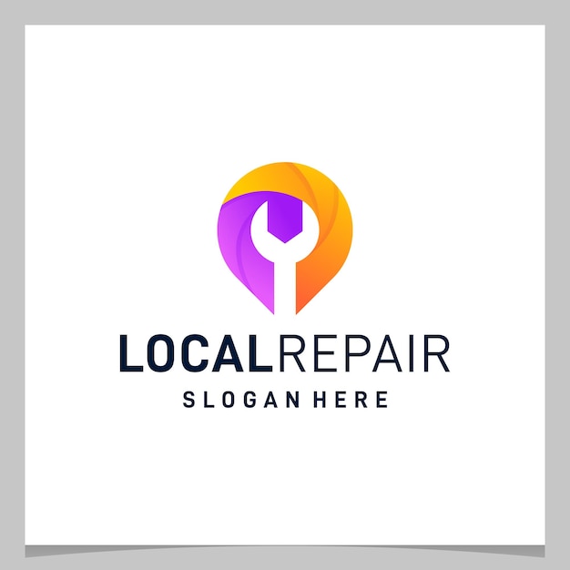 Kaart pin locatie symbool en logo een werkplaatsuitrusting met kleurrijk logo. Premium vector