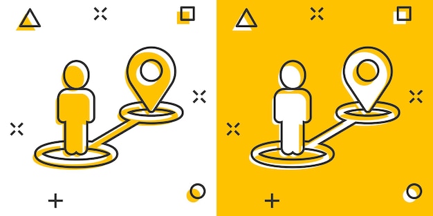 Kaart pin pictogram in komische stijl GPS-navigatie cartoon vectorillustratie op witte geïsoleerde achtergrond Zoek positie splash effect bedrijfsconcept