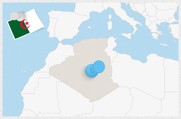 Kaart van Algerije met een vastgezette blauwe speld Vastgezette vlag van Algerije