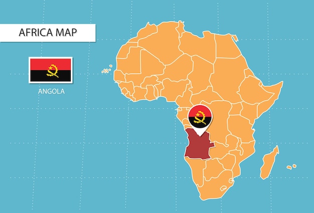 Kaart van Angola in Afrika, pictogrammen die de locatie en vlaggen van Angola weergeven.