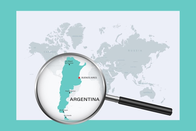 Kaart van Argentinië op politieke wereldkaart met vergrootglas. Zeer gedetailleerde kaart met grenzen en landen.