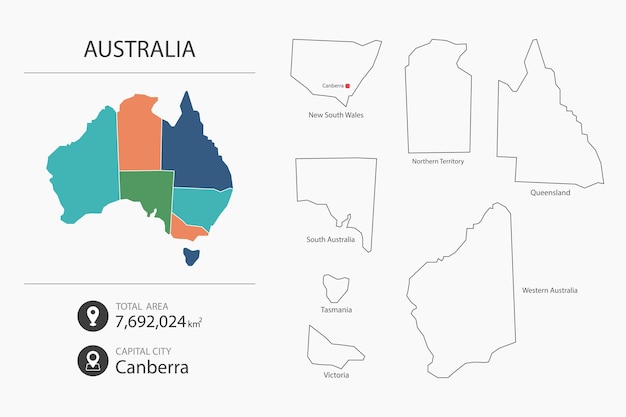 Kaart van Australië met gedetailleerde landkaart Kaartelementen van steden totale gebieden en hoofdstad